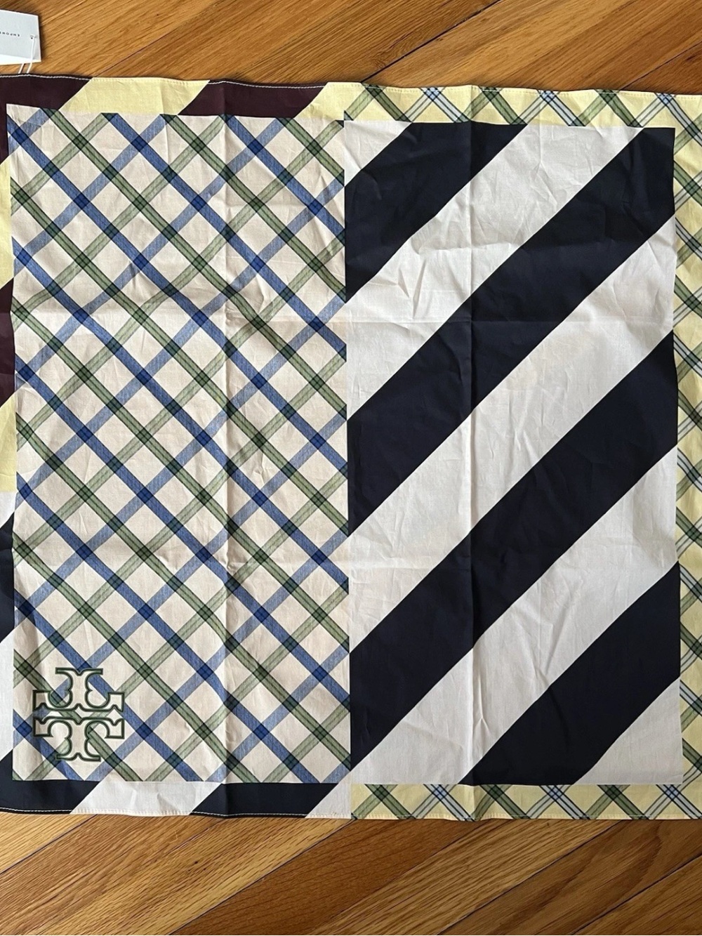Tory Burch Gift Scarf in a Box:Plaid & Stripe Square Scarf in Navy, Cream, Green